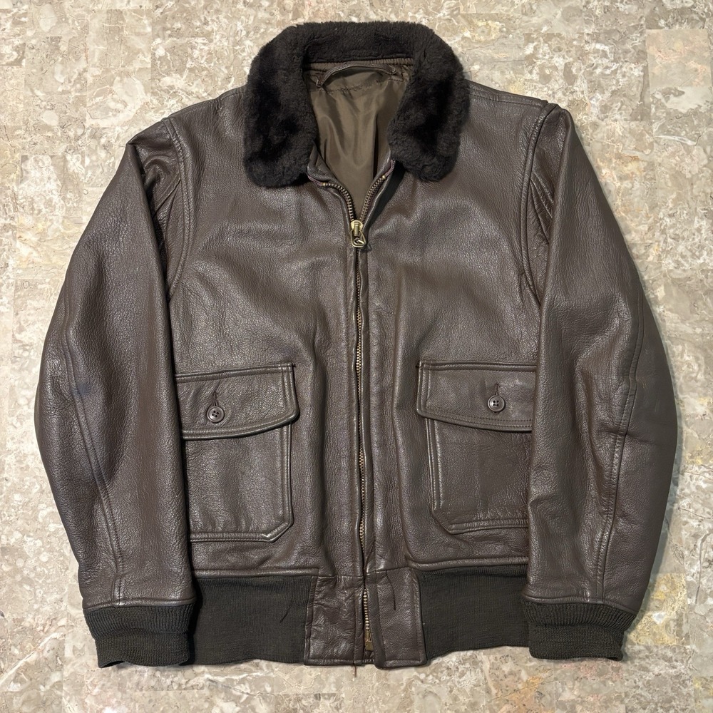 Vintage US Navy G-1 Flight Jacket Mens 20x25 Brown Leather Full Zip 70s